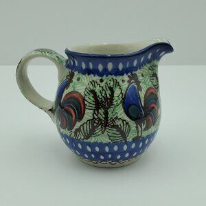 Polish Pottery Rooster Row Creamer Unikat Small Blue & Green Rooster Creamer